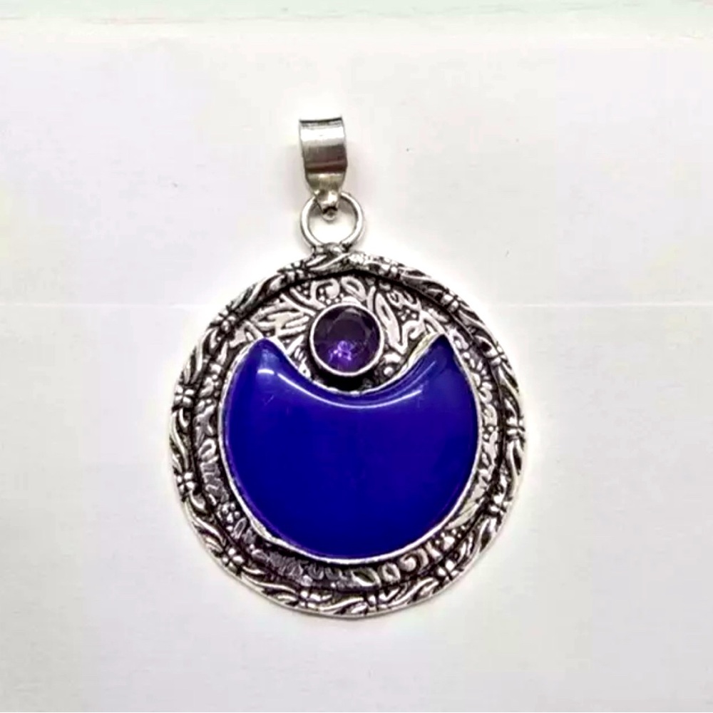 Blue Chalcedony & Amethyst Silver Pendant 2.2"